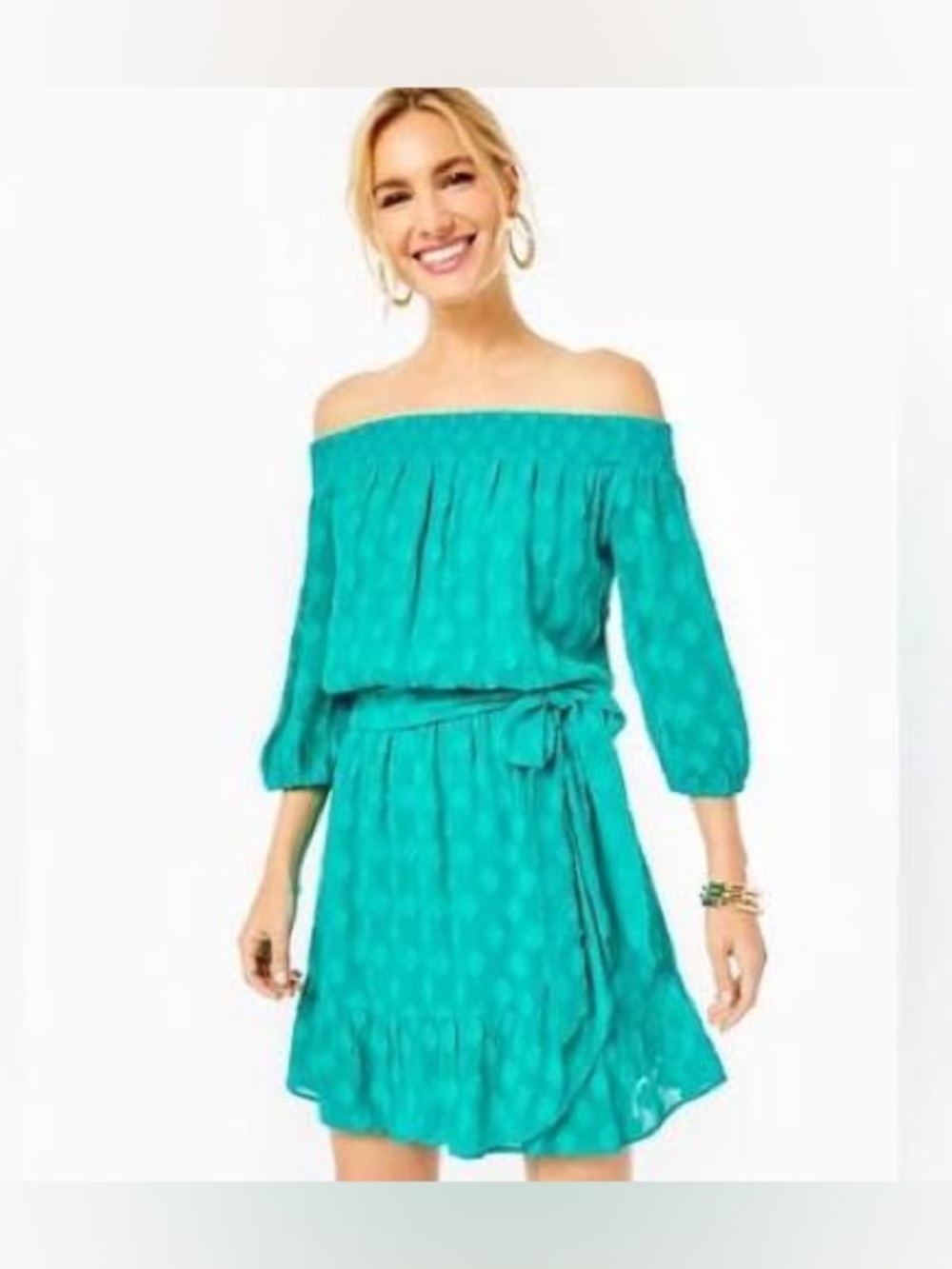 Lilly Pulitzer Rochelle Off-Shoulder Teal Women’s Dress with Waist Tie